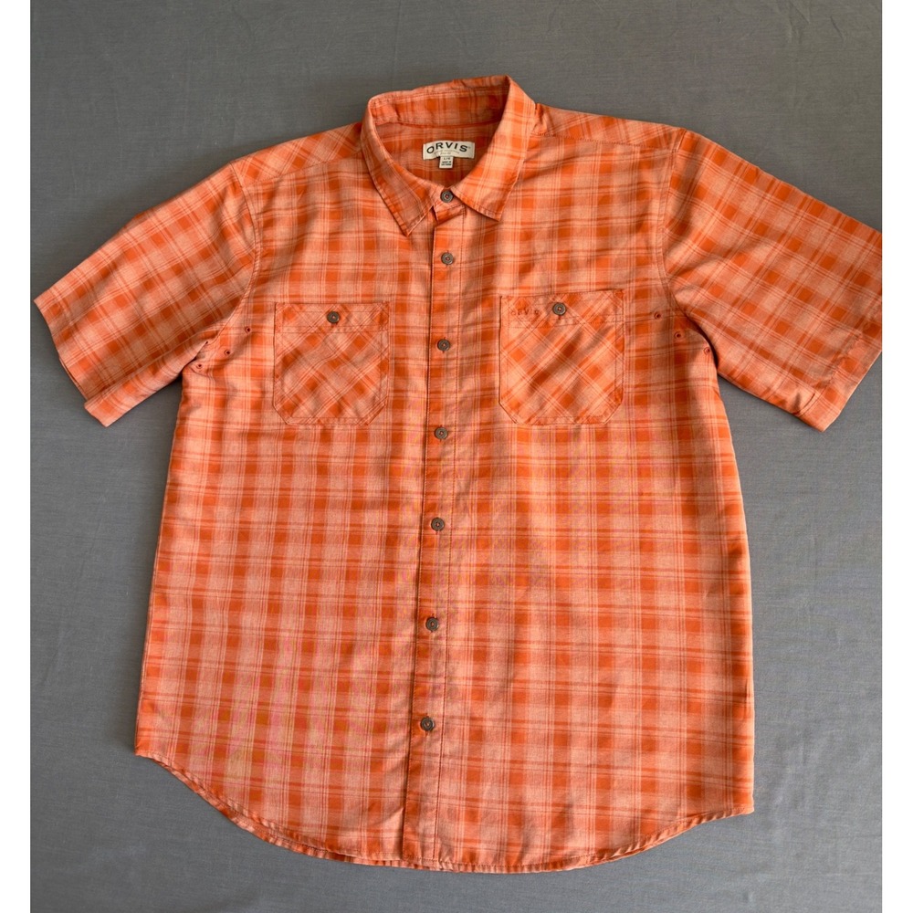 Orvis Shirt Men's L  Classic Collection 2 Pocket Orange Plaid SS Button Up Tech